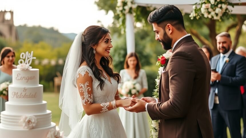 A dreamy white wedding scene with Nupur Sanon and Stebin Ben exchanging vows in a beautiful outdoor setting, surrounded by friends and family, with a stunning white wedding cake and champagne in the background.