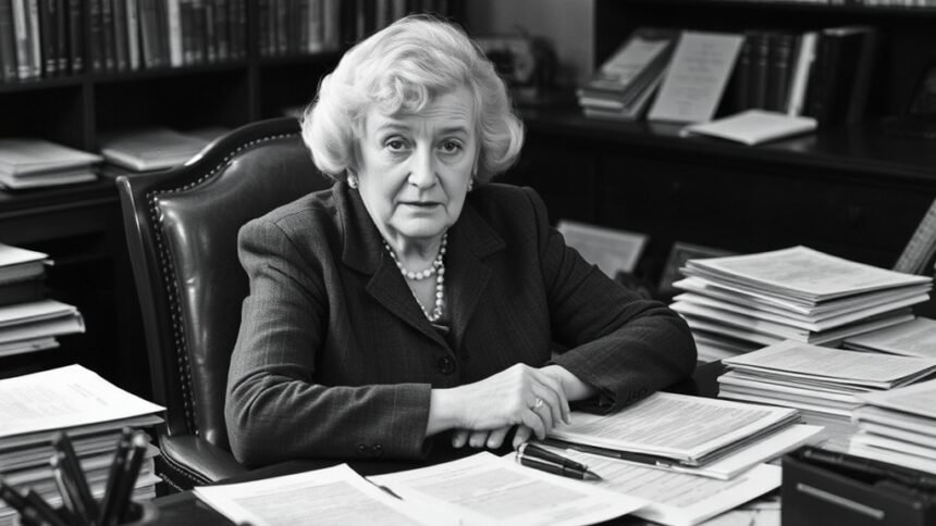 A photo of Agatha Christie sitting at her desk, surrounded by papers and pens, with a thoughtful expression on her face