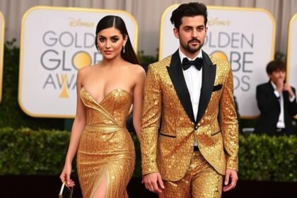 A photo of Kylie Jenner and Timothee Chalamet walking the red carpet at the Golden Globes 2026, with Kylie wearing a showstopping body-hugging gown covered in thousands of golden sequins.