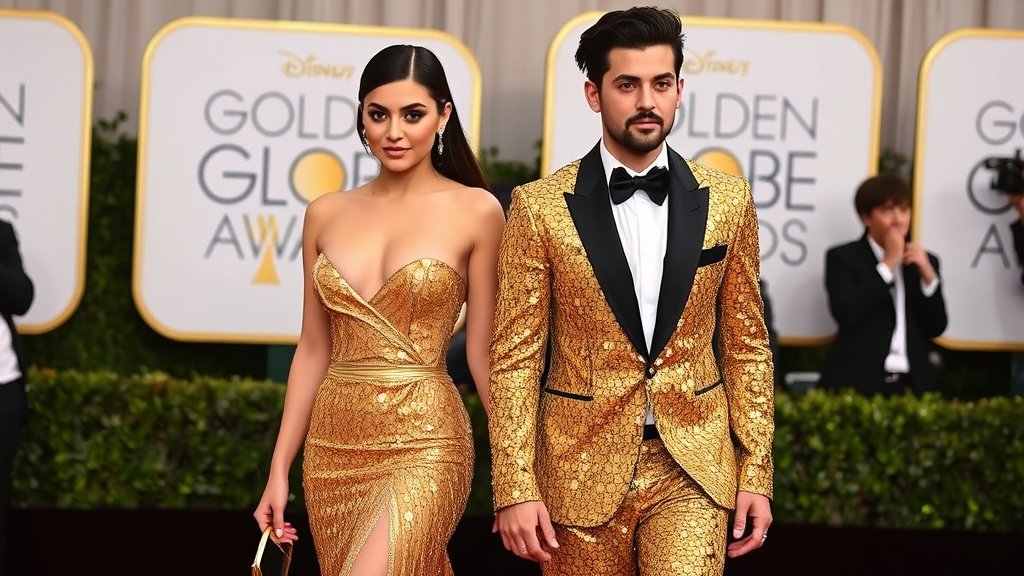 A photo of Kylie Jenner and Timothee Chalamet walking the red carpet at the Golden Globes 2026, with Kylie wearing a showstopping body-hugging gown covered in thousands of golden sequins.