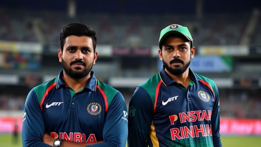 A photo of Mohammad Nabi and Mustafizur Rahman in a cricket field, with a subtle background of a cricket stadium and a hint of controversy in their facial expressions