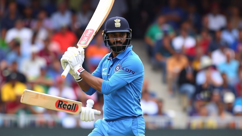 A photo of KL Rahul batting in the middle, with a focus on his concentration and technique, set against a backdrop of a crowded stadium with fans cheering.