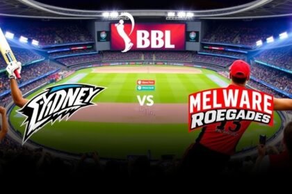 A high-energy image of a cricket stadium with Sydney Thunder and Melbourne Renegades players in action, with a big screen displaying the BBL 2025-26 logo in the background.