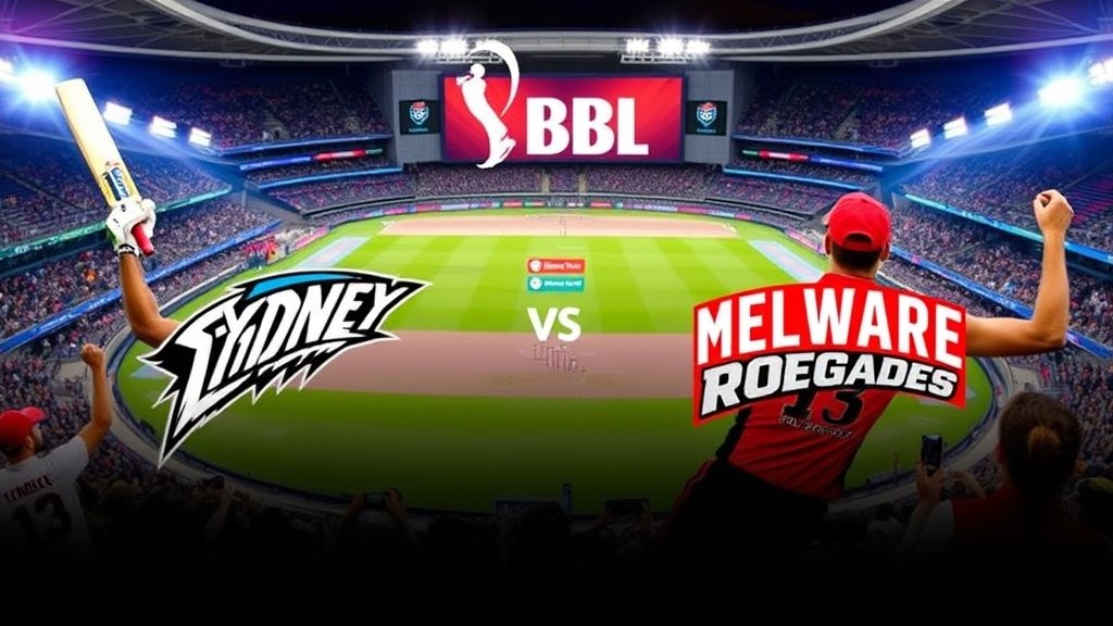 A high-energy image of a cricket stadium with Sydney Thunder and Melbourne Renegades players in action, with a big screen displaying the BBL 2025-26 logo in the background.