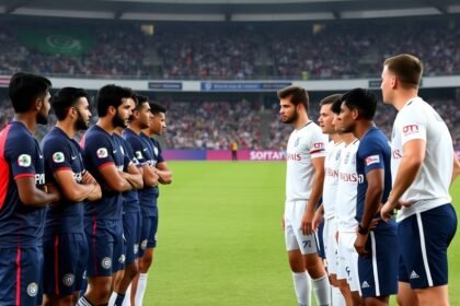 A photo of the India U19 and England U19 teams facing off in a warm-up match, with the stadium and crowd in the background