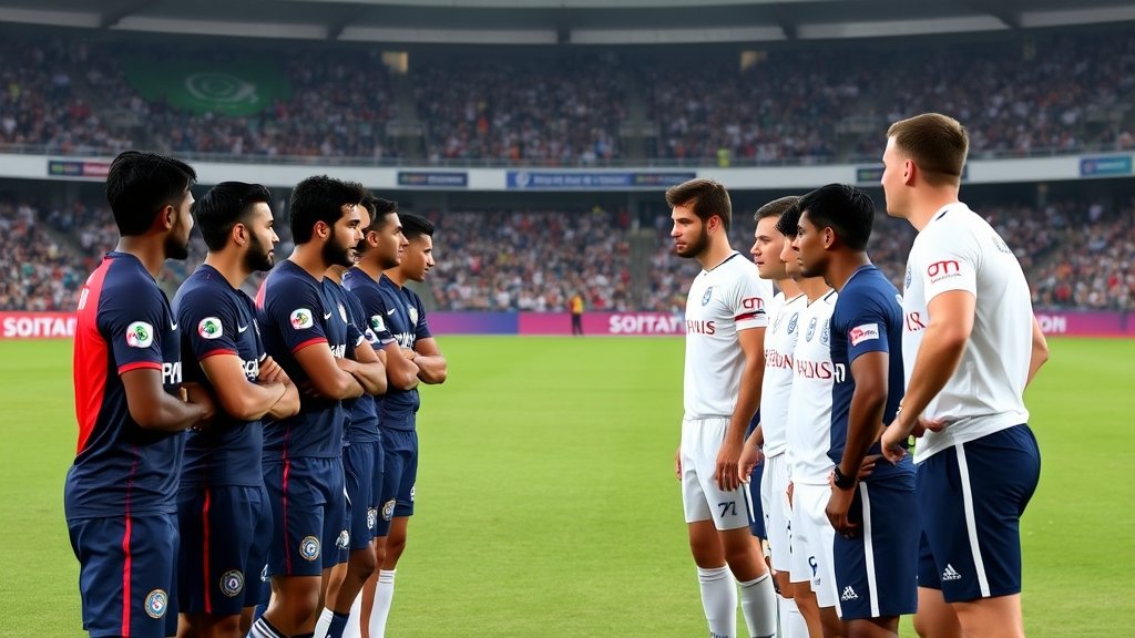 A photo of the India U19 and England U19 teams facing off in a warm-up match, with the stadium and crowd in the background