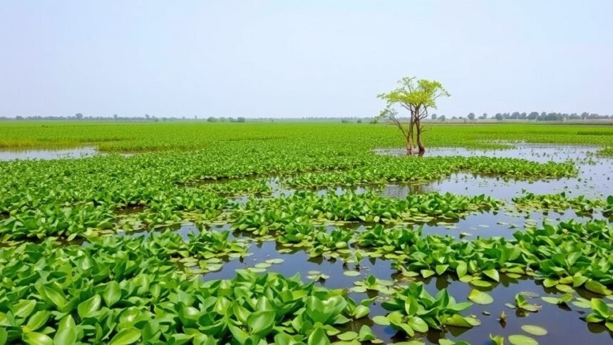A serene landscape of a wetland with lush greenery and a few trees, highlighting the importance of soil organic carbon and wetland conservation.