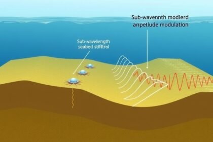 An illustration of a seafloor with sensors and waves, demonstrating the concept of sub-wavelength seabed stiffness control and its impact on seismic amplitude modulation.