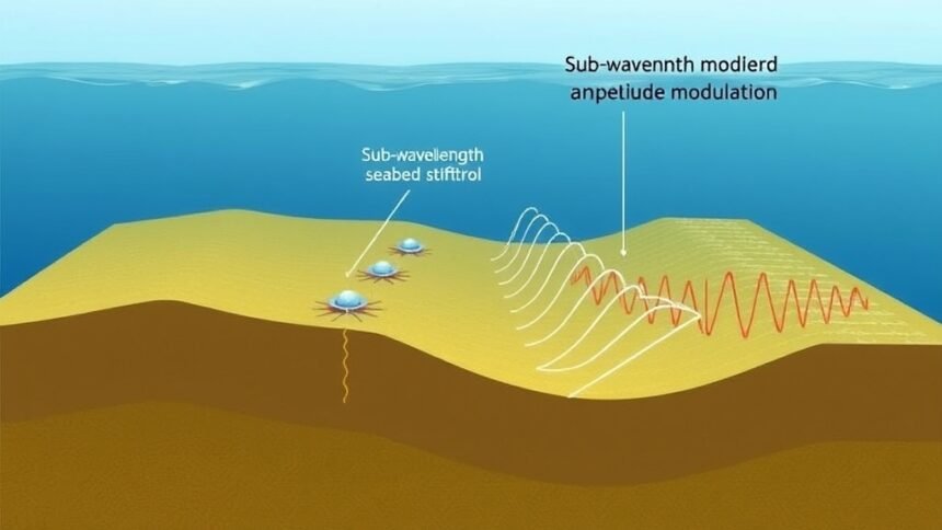 An illustration of a seafloor with sensors and waves, demonstrating the concept of sub-wavelength seabed stiffness control and its impact on seismic amplitude modulation.