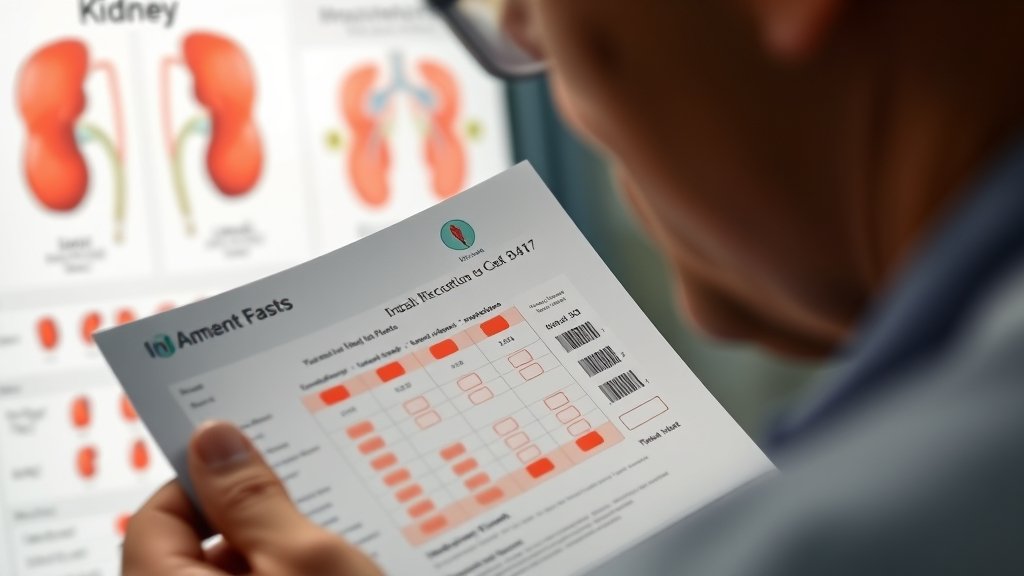 A close-up of a medical professional examining a patient's blood test results, with a subtle background of kidney illustrations and inflammation markers