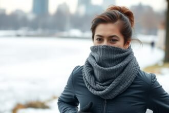 A person running outdoors in winter with a scarf covering their mouth and nose, with a subtle background of a city park or a frozen lake.