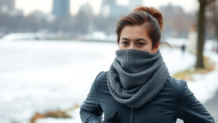 A person running outdoors in winter with a scarf covering their mouth and nose, with a subtle background of a city park or a frozen lake.