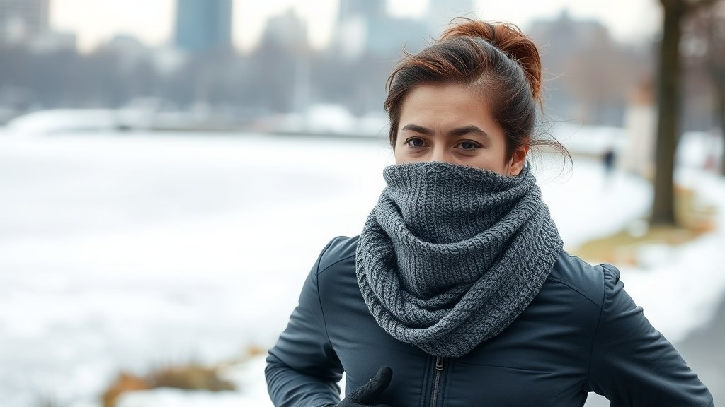 A person running outdoors in winter with a scarf covering their mouth and nose, with a subtle background of a city park or a frozen lake.