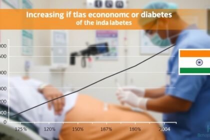 A graph showing the increasing economic burden of diabetes in India, with a background image of a hospital or a medical professional treating a patient.