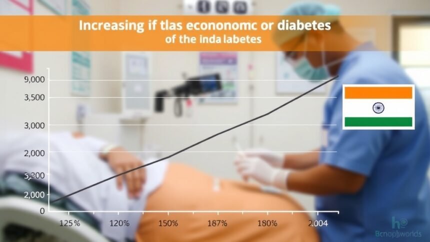 A graph showing the increasing economic burden of diabetes in India, with a background image of a hospital or a medical professional treating a patient.