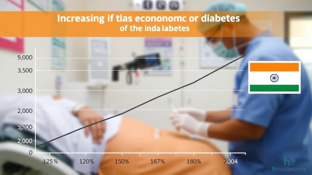 A graph showing the increasing economic burden of diabetes in India, with a background image of a hospital or a medical professional treating a patient.