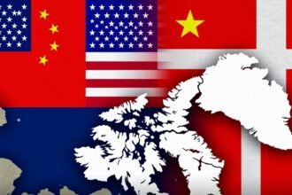 a map of Greenland with the flags of the United States, China, and Denmark in the background, symbolizing the geopolitical tensions surrounding the island