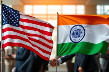 An image of Indian and American flags waving together, with a background of businesspeople shaking hands, symbolizing the strengthening of economic ties between the two nations.