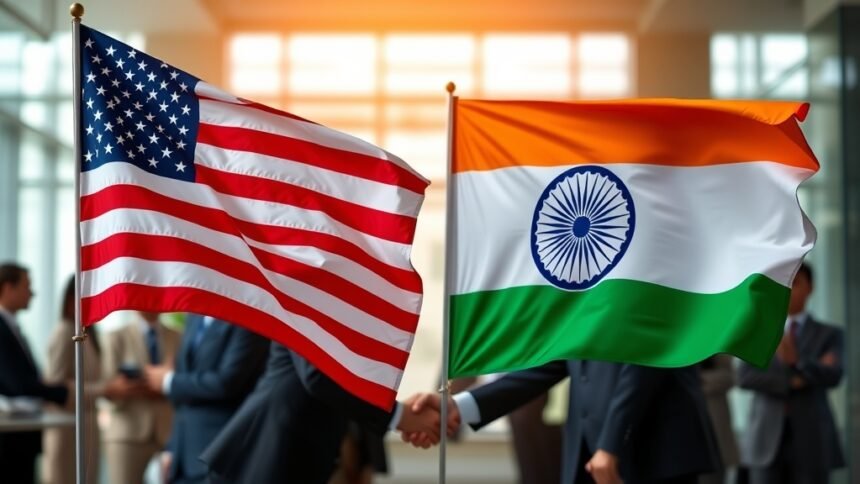 An image of Indian and American flags waving together, with a background of businesspeople shaking hands, symbolizing the strengthening of economic ties between the two nations.