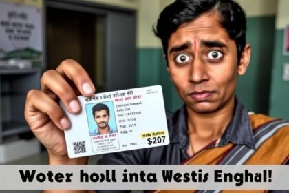 An image of a person holding a voter ID card with a puzzled expression, with a background of a voting booth or an election office, symbolizing the confusion and concern surrounding the voter roll discrepancies in West Bengal.