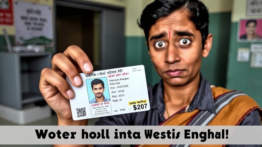 An image of a person holding a voter ID card with a puzzled expression, with a background of a voting booth or an election office, symbolizing the confusion and concern surrounding the voter roll discrepancies in West Bengal.