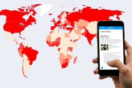 a map of the world with high-risk countries marked in red, and a picture of a person looking at a travel advisory on their phone