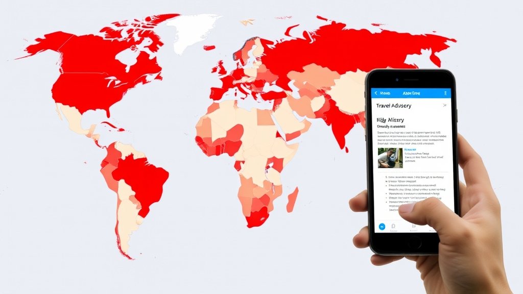 a map of the world with high-risk countries marked in red, and a picture of a person looking at a travel advisory on their phone