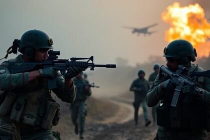 A dramatic image of the Indian Army in action during Operation Sindoor, with a backdrop of the Pakistan border and a hint of the 22-minute strike that shook Pakistan's decision-making.