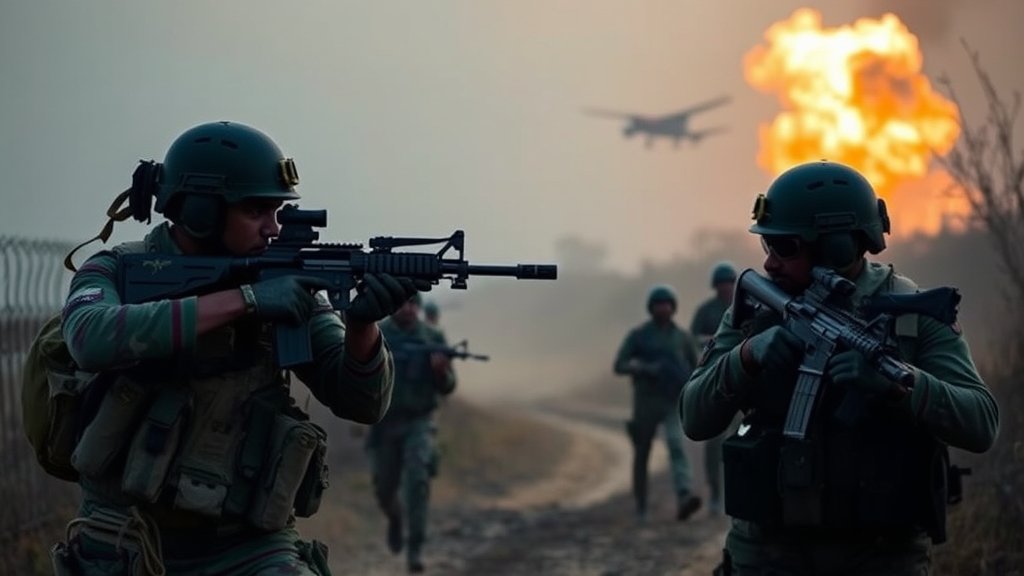 A dramatic image of the Indian Army in action during Operation Sindoor, with a backdrop of the Pakistan border and a hint of the 22-minute strike that shook Pakistan's decision-making.