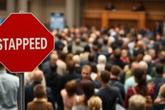 A photo of a crowd of people in a public place with a red stampede warning sign in the foreground, symbolizing the chaos and danger of a stampede, with a subtle background image of a courtroom or a police station to represent the investigation and legal proceedings.