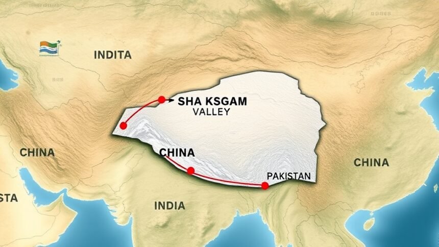 A map of the Shaksgam Valley with marked borders of India, China, and Pakistan, with a subtle background indicating the strategic importance of the region.
