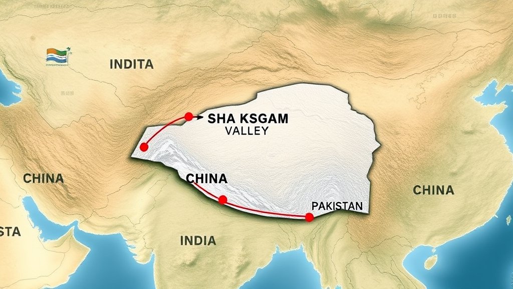 A map of the Shaksgam Valley with marked borders of India, China, and Pakistan, with a subtle background indicating the strategic importance of the region.