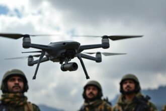 A photograph of a drone flying over the Line of Control in Jammu and Kashmir, with the Indian Army personnel in the background, looking up at the sky with a mix of concern and alertness.