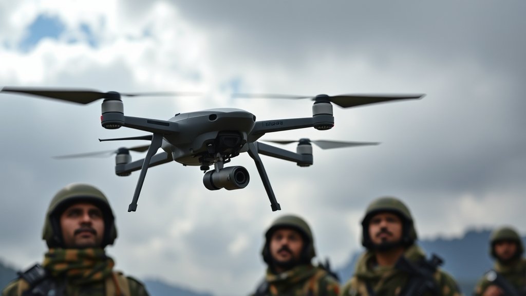 A photograph of a drone flying over the Line of Control in Jammu and Kashmir, with the Indian Army personnel in the background, looking up at the sky with a mix of concern and alertness.