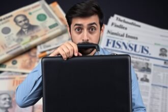 An image of a person holding a briefcase with a puzzled expression, with a background of Indian currency and financial newspapers.