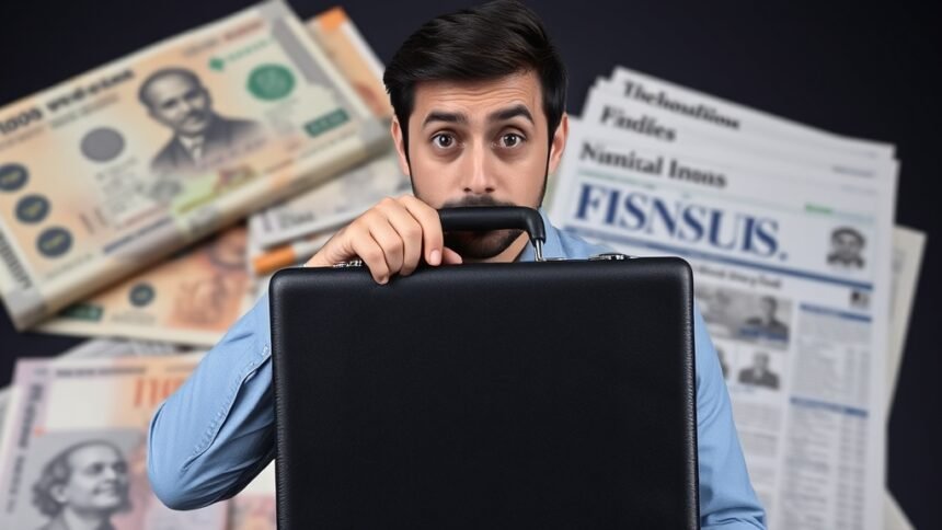 An image of a person holding a briefcase with a puzzled expression, with a background of Indian currency and financial newspapers.