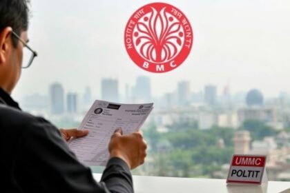 A photo of a person checking their name on the voter list at a polling station in Mumbai, with a backdrop of the city's skyline and the BMC logo.