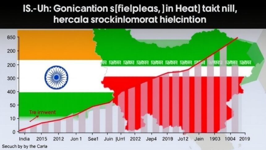 A graph showing the impact of US sanctions on Iran's economy, with a map of India and Iran in the background, highlighting the trade relations between the two countries.