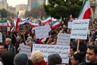 A photo of a protest in Iran with a crowd of people holding signs and banners, with a blurred background of a cityscape.