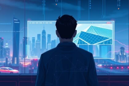 A futuristic illustration of a person looking at a screen with a deepfake image, with a cityscape in the background and a subtle hint of a regulatory framework in the foreground.