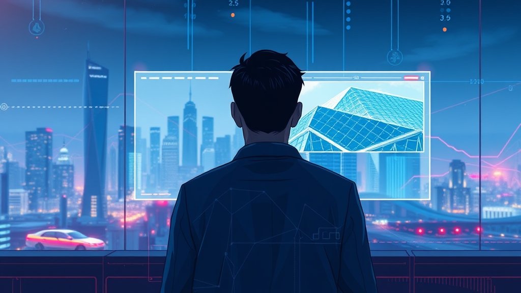 A futuristic illustration of a person looking at a screen with a deepfake image, with a cityscape in the background and a subtle hint of a regulatory framework in the foreground.