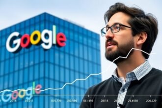 A photo of Sergey Brin with a background of Google's headquarters and a graph showing the growth of Alphabet's market capitalization