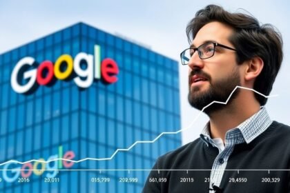 A photo of Sergey Brin with a background of Google's headquarters and a graph showing the growth of Alphabet's market capitalization