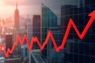 A graph showing the stock market trends with a background of a cityscape, representing the fluctuating nature of the market and the importance of staying informed.