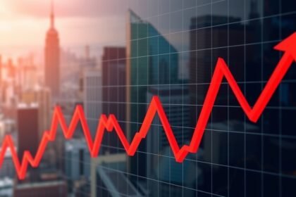A graph showing the stock market trends with a background of a cityscape, representing the fluctuating nature of the market and the importance of staying informed.
