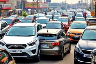 A photo of a crowded Indian street with various car models from Maruti, Mahindra, Tata, Hyundai, Toyota, Kia, Skoda VW, and JSW MG, with a background of a bustling cityscape and a hint of festive decorations.