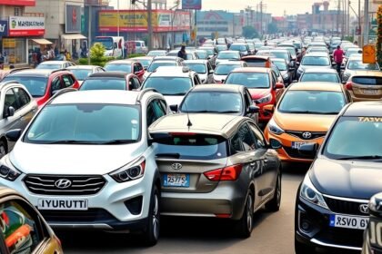 A photo of a crowded Indian street with various car models from Maruti, Mahindra, Tata, Hyundai, Toyota, Kia, Skoda VW, and JSW MG, with a background of a bustling cityscape and a hint of festive decorations.