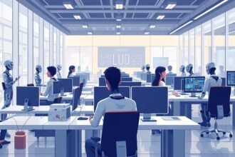 An illustration of a futuristic office with humans and AI agents working together, showcasing the concept of Claude Cowork and its potential impact on the workplace.