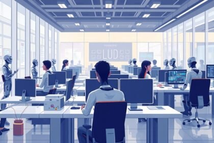 An illustration of a futuristic office with humans and AI agents working together, showcasing the concept of Claude Cowork and its potential impact on the workplace.