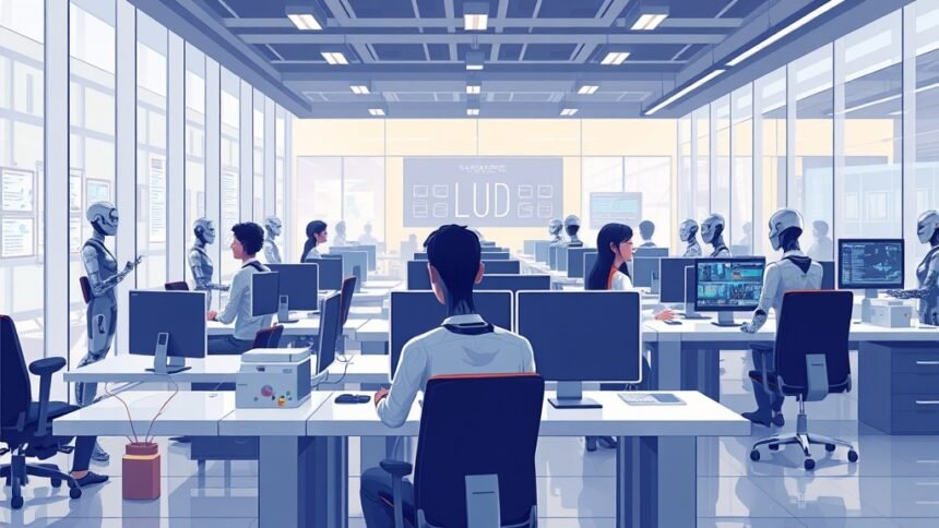 An illustration of a futuristic office with humans and AI agents working together, showcasing the concept of Claude Cowork and its potential impact on the workplace.